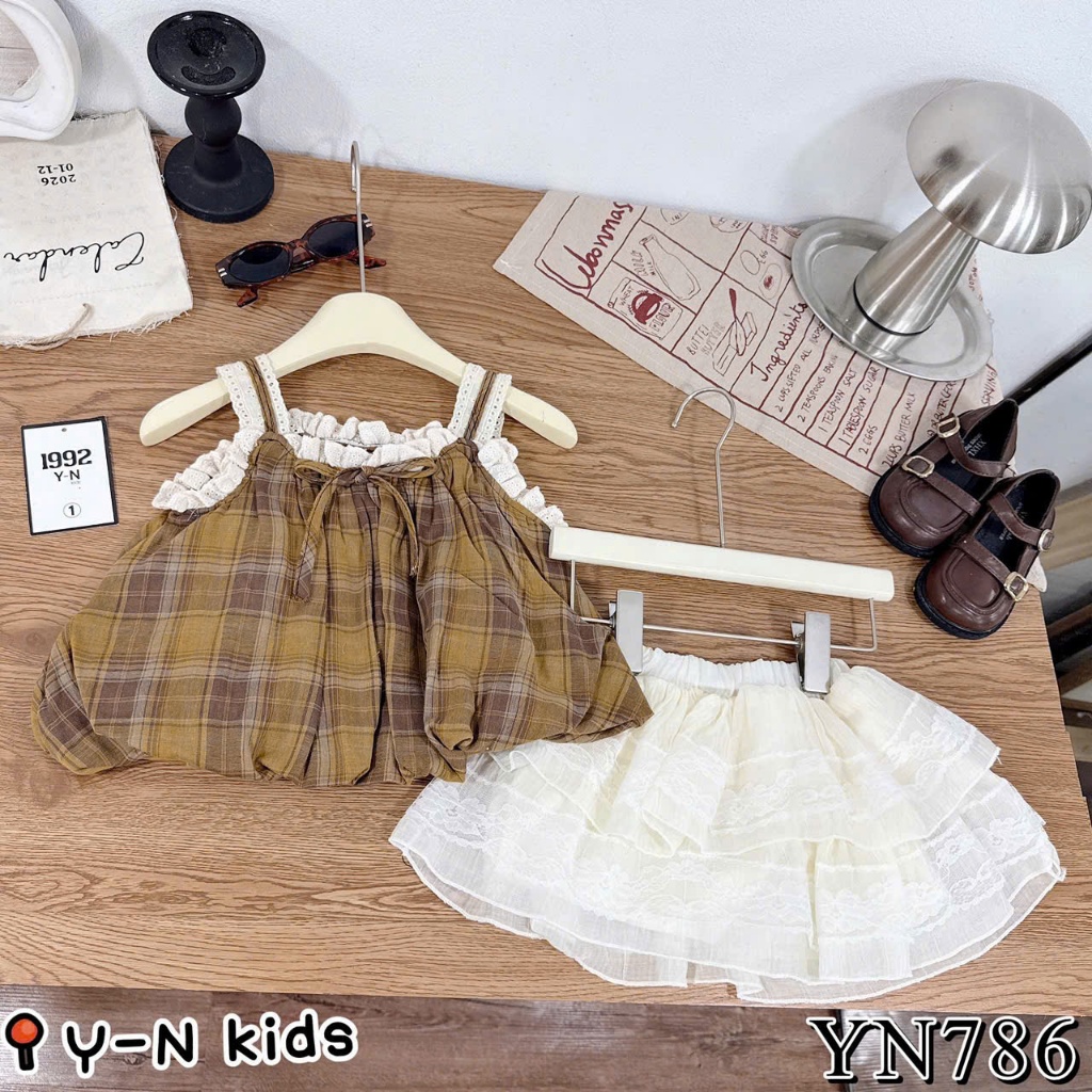 (Bon Kids) A982 Set Áo 2 Dây + Chân Váy Xoè Phong Cách Hàn Quốc Cho Bé Gái