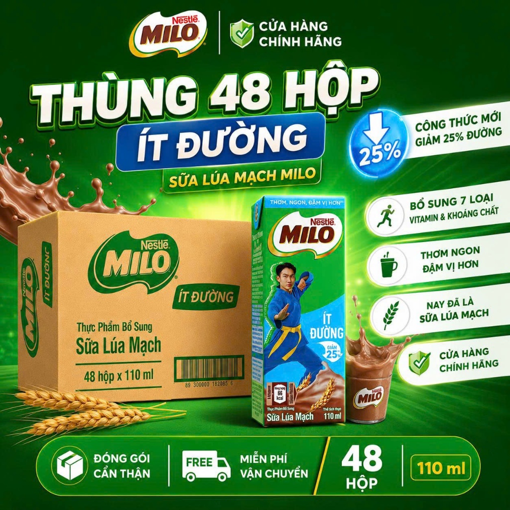 [CHÍNH HÃNG] Thùng 48 Hộp / Lốc 4 Hộp Sữa Lúa Mạch NESTLÉ MILO 180/110ml Dinh Dưỡng Cho Bé Năng Động, Ống Hút 4 Chiều