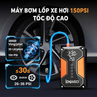 Máy bơm hơi điện 4 trong 1 LONAISCI, tích hợp chức năng khởi động khẩn cấp, sạc dự phòng, pin 99800 mAh kèm túi đựng.