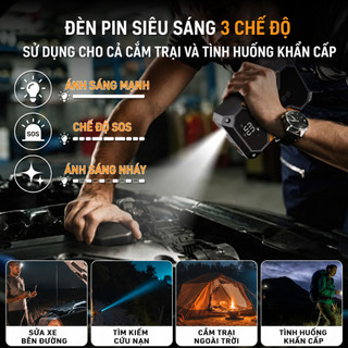 Máy bơm hơi điện 4 trong 1 LONAISCI, tích hợp chức năng khởi động khẩn cấp, sạc dự phòng, pin 99800 mAh kèm túi đựng.