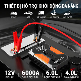 Máy bơm hơi điện 4 trong 1 LONAISCI, tích hợp chức năng khởi động khẩn cấp, sạc dự phòng, pin 99800 mAh kèm túi đựng.
