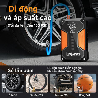 Máy bơm hơi điện 4 trong 1 LONAISCI, tích hợp chức năng khởi động khẩn cấp, sạc dự phòng, pin 99800 mAh kèm túi đựng.