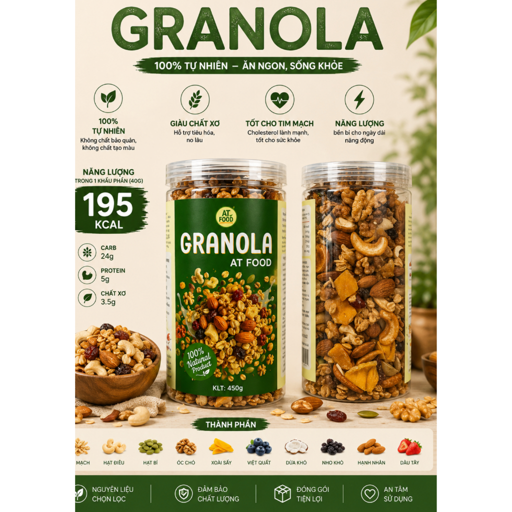 Granola Siêu Hạt Thương Hiệu AT FOOD trọng lượng 450gram