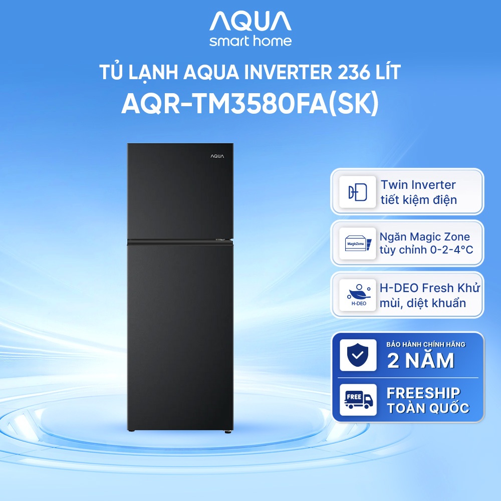 Tủ lạnh Inverter ngăn đông trên Aqua 236 Lít AQR-TM3580FA(SK) - Đen nhám kim tuyến - Bảo hành 2 năm - Freeship