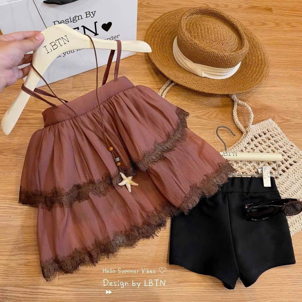 (Bon Kids) A83 Set Áo 2 Dây Voan Tâng + Quần Short Cho Bé Gái 6-25kg