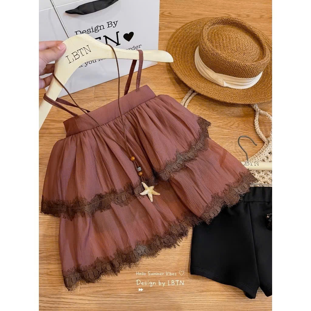 (Bon Kids) A83 Set Áo 2 Dây Voan Tâng + Quần Short Cho Bé Gái 6-25kg