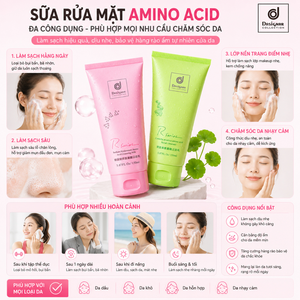 Rsarias 150ML Sữa rửa mặt,Sữa rửa mặt chứa axit amin, giúp làm sạch lỗ chân lông, loại bỏ bã nhờn và dưỡng ẩm cho da