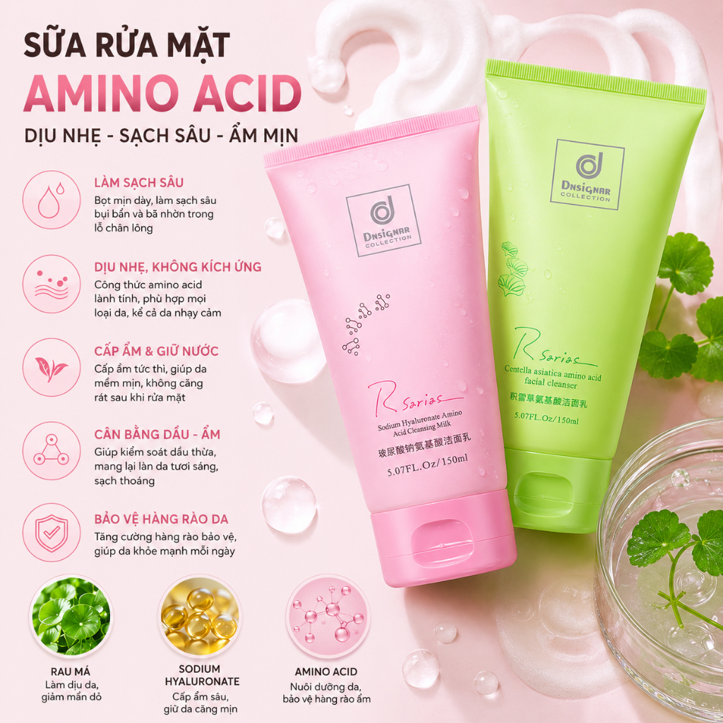 Rsarias 150ML Sữa rửa mặt,Sữa rửa mặt chứa axit amin, giúp làm sạch lỗ chân lông, loại bỏ bã nhờn và dưỡng ẩm cho da