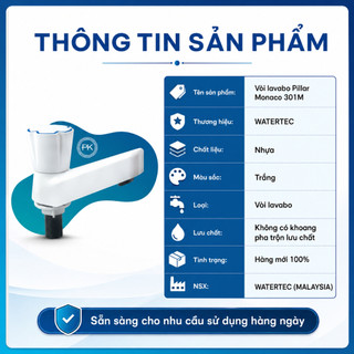 Vòi lavabo tay vặn WATERTEC WT0002 - Pillar Monaco 301M màu trắng bằng nhựa, hàng mới 100% Malaysia