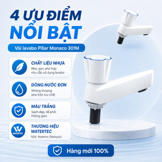 Vòi lavabo tay vặn WATERTEC WT0002 - Pillar Monaco 301M màu trắng bằng nhựa, hàng mới 100% Malaysia