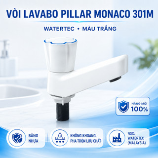 Vòi lavabo tay vặn WATERTEC WT0002 - Pillar Monaco 301M màu trắng bằng nhựa, hàng mới 100% Malaysia