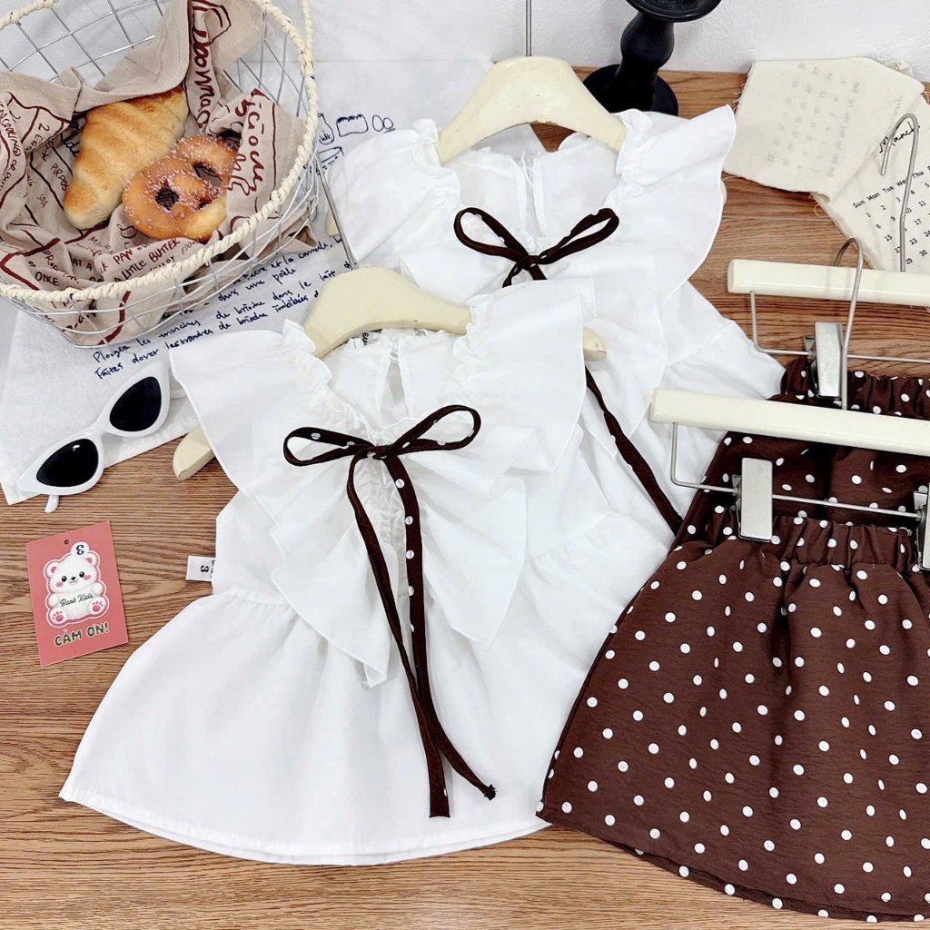 (Bon Kids)  Set Áo Kèm Nơ Chân Váy Chấm Bi Cho Bé Gái