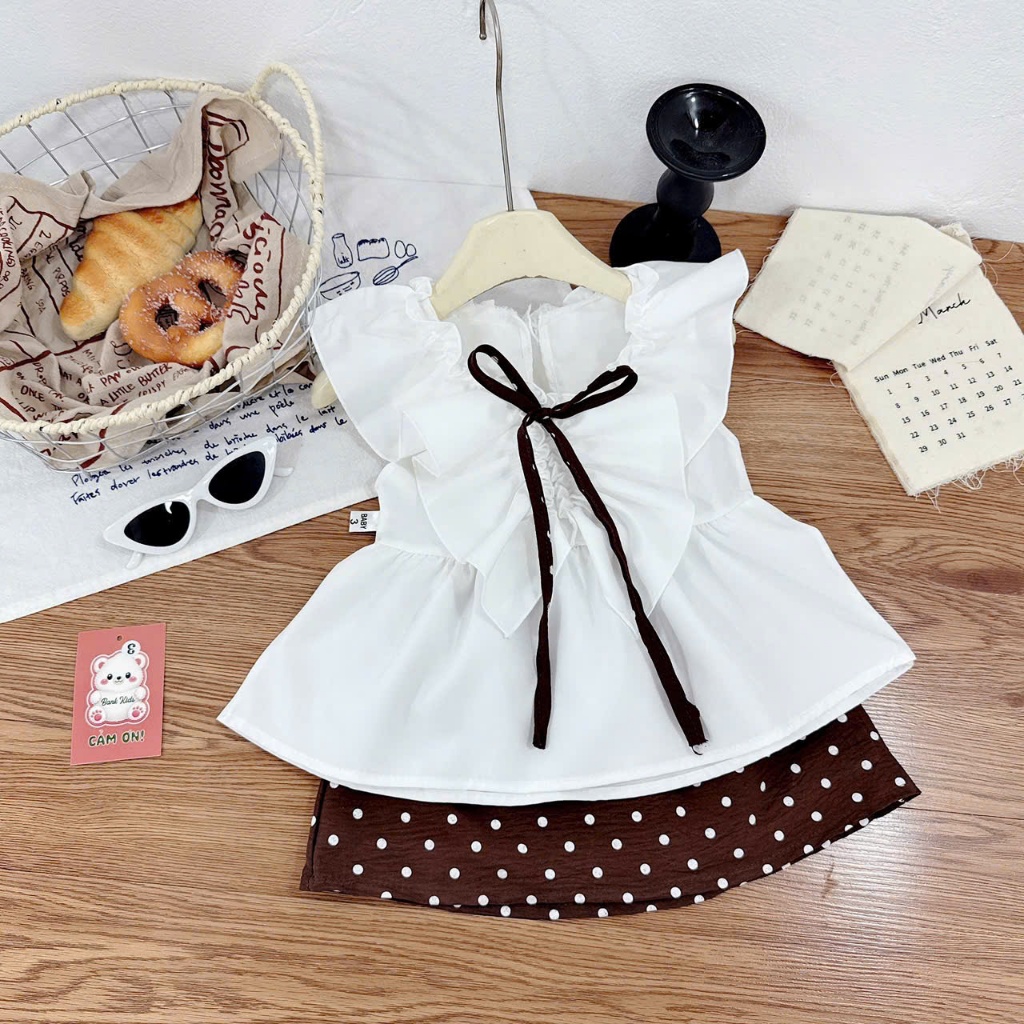(Bon Kids)  Set Áo Kèm Nơ Chân Váy Chấm Bi Cho Bé Gái