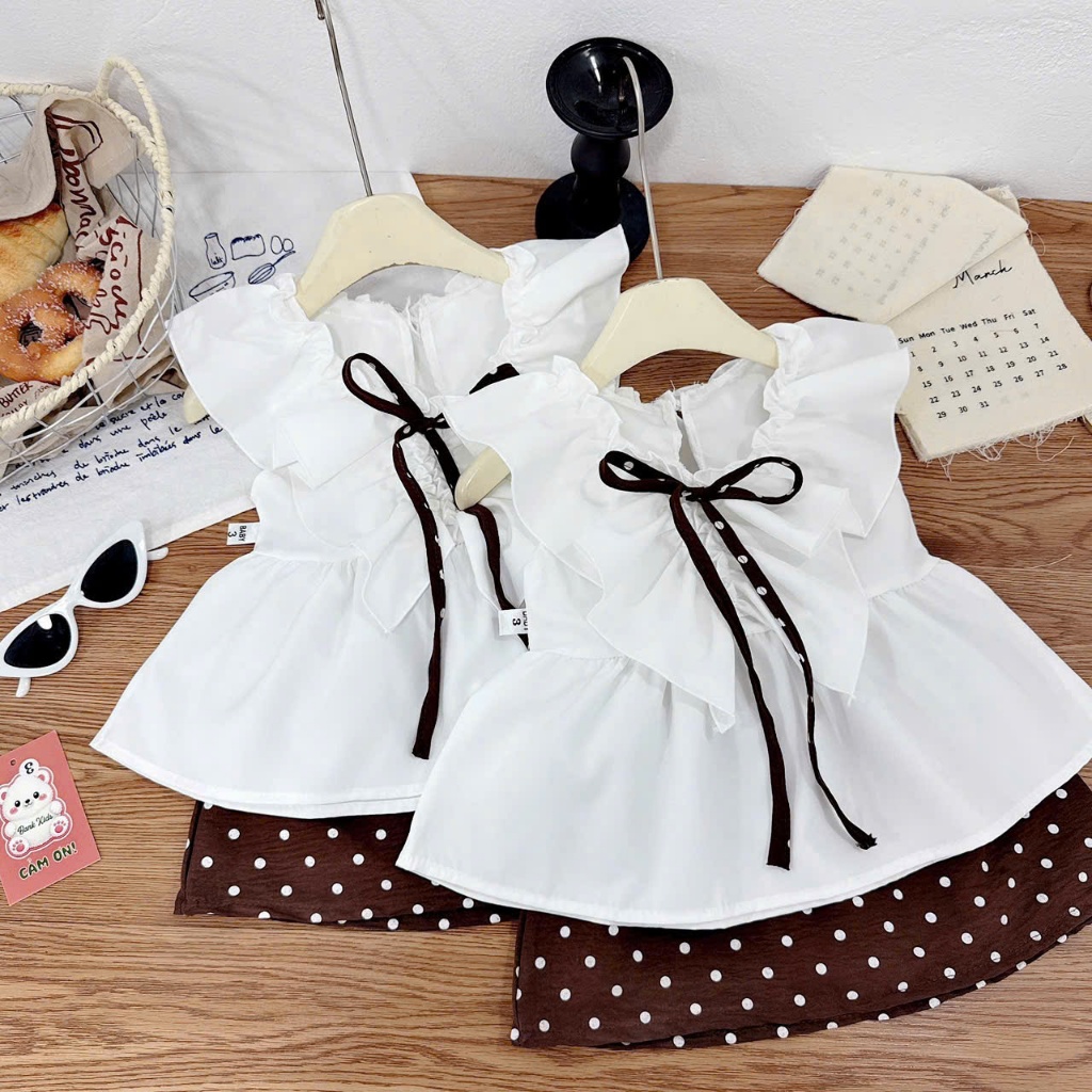 (Bon Kids)  Set Áo Kèm Nơ Chân Váy Chấm Bi Cho Bé Gái