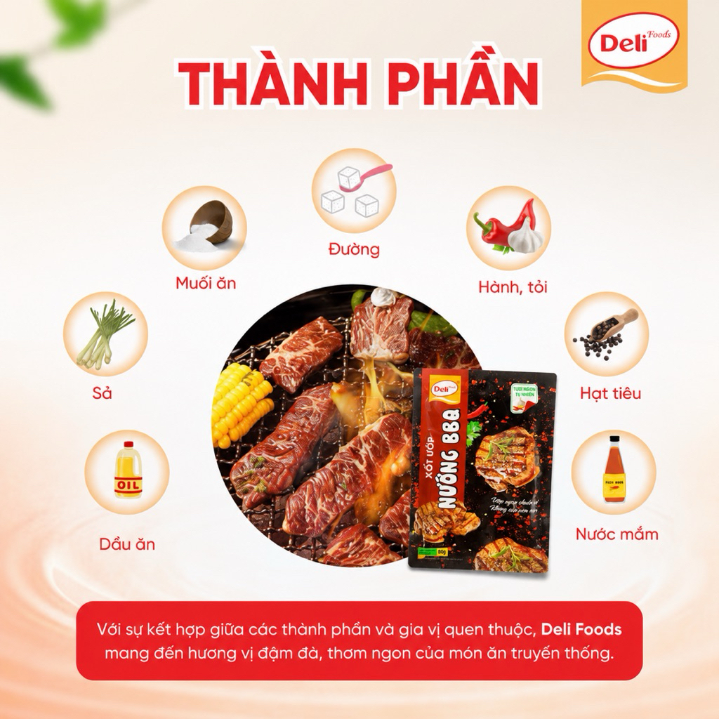 Combo Xốt Ướp Nướng BBQ Deli Foods 80g – Gia Vị Nêm Sẵn Thơm Ngon Chuẩn Vị, Tiện Lợi Ướp Thịt