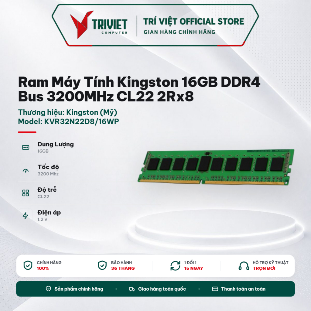 Ram Máy Tính Kingston 16GB DDR4 Bus 3200MHz CL22 2Rx8 UDIMM (Mã: KVR32N22D8/16WP) | BigBuy360 - bigbuy360.vn