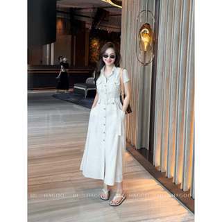 Váy sơ mi nữ tay hến ốp ngực HAGOO chất liệu linen xương cá dáng dài đai eo [V9081]