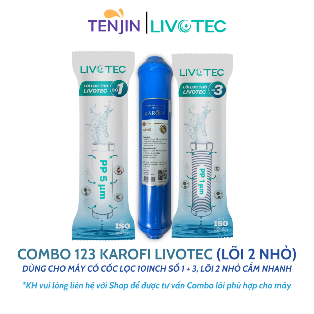 Combo 3 Lõi Lọc Nước Karofi 123 Dòng Smax Duo Với Lõi Số 2 OCB Nhỏ cắm nhanh dùng cho các máy N-e 239, B930 Karofi