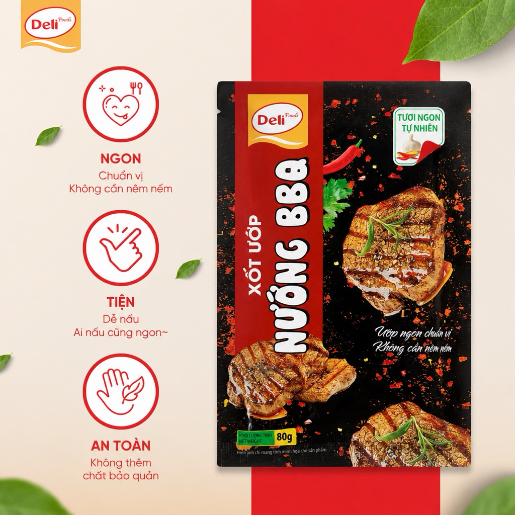 Combo Xốt Ướp Nướng BBQ Deli Foods 80g – Gia Vị Nêm Sẵn Thơm Ngon Chuẩn Vị, Tiện Lợi Ướp Thịt