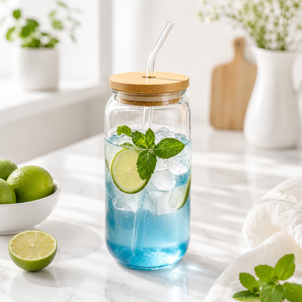 Ly Thủy Tinh Chịu Nhiệt có Nắp Tre và Có Ống Hút Thủy Tinh 500ml - Gia dụng Thu Hương