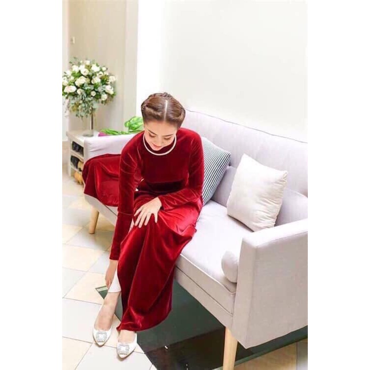 Áo Dài Chất Liệu Nhung The Cao Cấp - Hàng May Thủ Công Tỉ Mỉ Từng Áo - Màu Đỏ Đô Trơn Cổ 3P