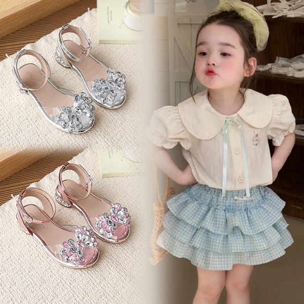 Giày sandal BellaNeman bé gái mũi trong suốtđính đá hoa,dây sau khóa kim loại hai màu hồng bạc đếmềm