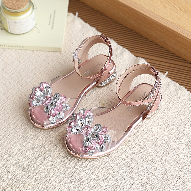 Giày sandal BellaNeman bé gái mũi trong suốtđính đá hoa,dây sau khóa kim loại hai màu hồng bạc đếmềm