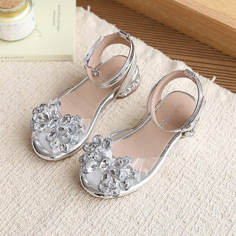 Giày sandal BellaNeman bé gái mũi trong suốtđính đá hoa,dây sau khóa kim loại hai màu hồng bạc đếmềm
