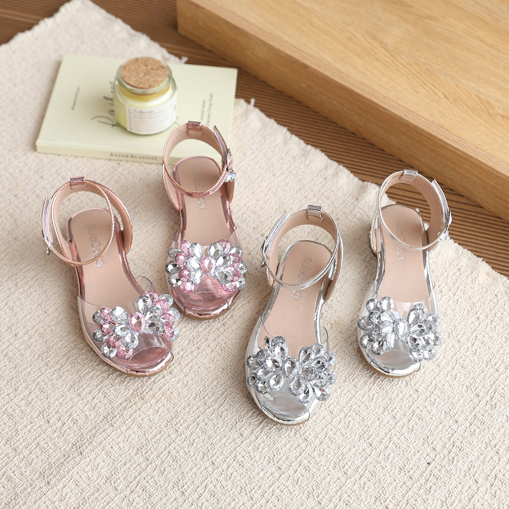 Giày sandal BellaNeman bé gái mũi trong suốtđính đá hoa,dây sau khóa kim loại hai màu hồng bạc đếmềm