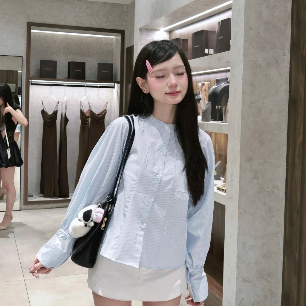 Áo Sơ Mi Kiểu Nữ Kẻ Sọc Cổ Tàu Tay Dài Phồng Nhẹ Công Sở Hàn Quốc - SM002 | VIESOUL