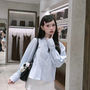 Áo Sơ Mi Kiểu Nữ Kẻ Sọc Cổ Tàu Tay Dài Phồng Nhẹ Công Sở Hàn Quốc - SM002 | VIESOUL