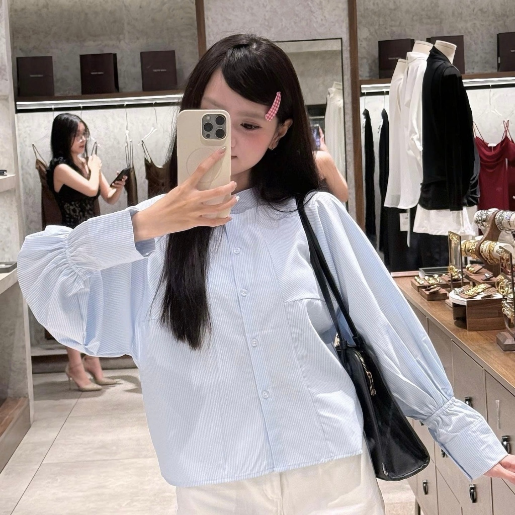 Áo Sơ Mi Kiểu Nữ Kẻ Sọc Cổ Tàu Tay Dài Phồng Nhẹ Công Sở Hàn Quốc - SM002 | VIESOUL