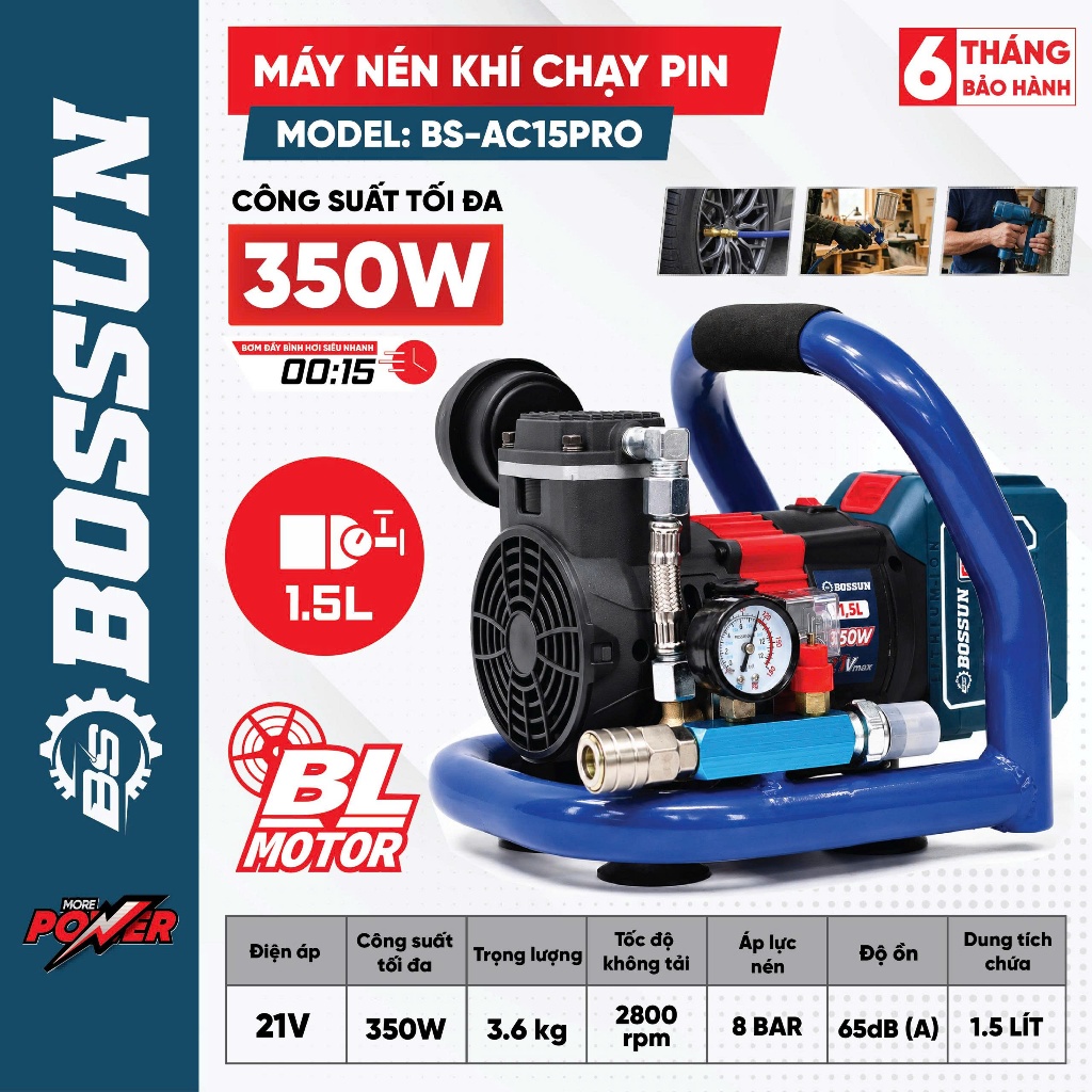 Thân Máy Nén Khí Dùng Pin BS BOSSUN BS-AC15PRO Dung Tích 1,5L - Chân Pin Phổ Thông - Không Chổi Than