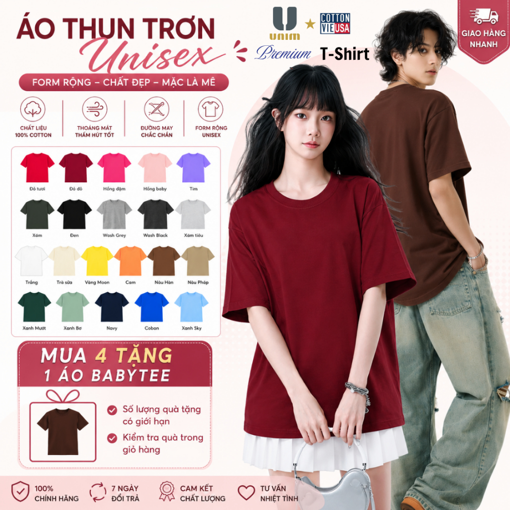 [21 Màu 250 GSM Hỏa tốc HN] Áo Thun Trơn Oversize Form Rộng Áo Boxy Basic Unisex Unim Club Cotton Việt Cao Cấp
