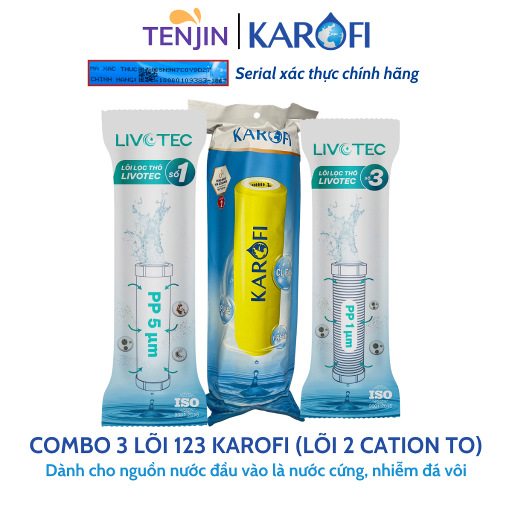 Combo 3 Lõi Thô 123 Smax Duo Karofi (Lõi 2 Cation To) Giúp Làm Mềm Nước Cứng, Lọc Sơ Bộ Và Bảo Vệ Màng RO