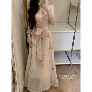 Đầm ZMM 2 dây cúp ngực hoa tơ kèm khăn thắt eo