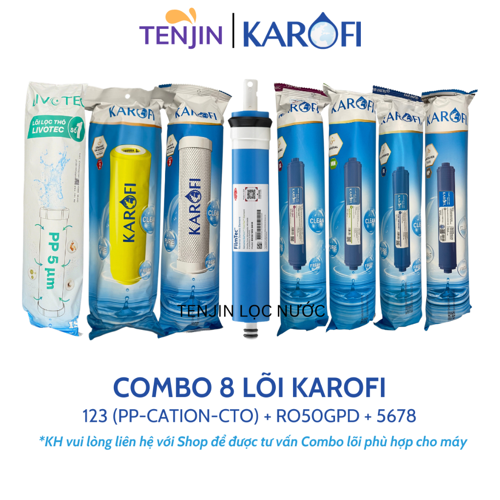 Combo 8 Lõi Lọc Nước Karofi Dành Cho Nước Cứng, Nước Giếng, Nước Mưa Gồm 123 (PP 5 - Cation - CTO) + RO Dupont + 5678