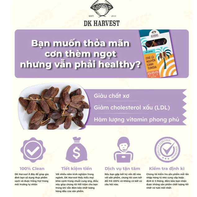 [HỘP 450G] Chà Là Nguyên Cành DK Harvest - Nhập Khẩu Tunisia | Tự Nhiên, Dẻo Ngọt, Giàu Dinh Dưỡng, Tốt Cho Sức Khỏe