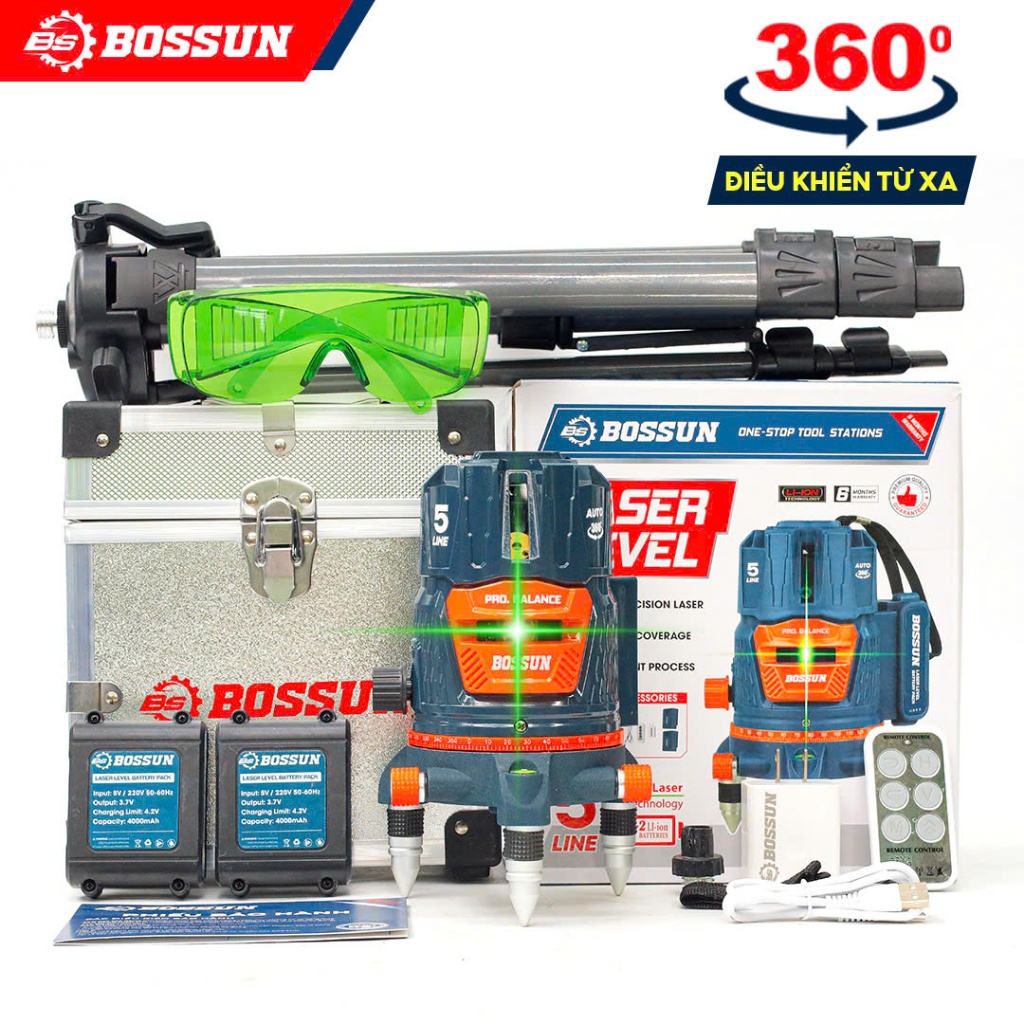 [TẶNG PHỤ KIỆN] Máy cân bằng laser 5 tia xanh Bossun BS-LS360AT - Máy bắn cốt laser tự cân bằng điện tử phủ tia full 360