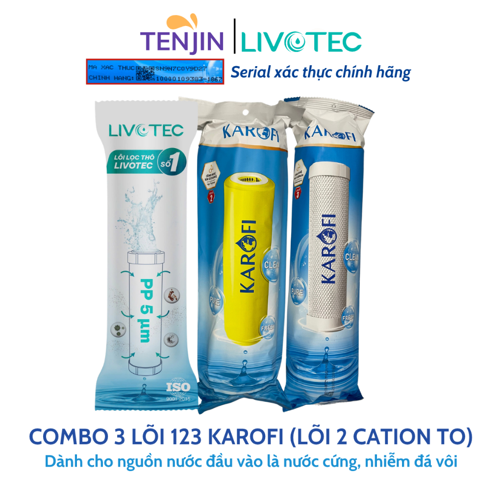 Combo 3 Lõi 123 Smax Duo Karofi (Lõi 2 Cation To - Lõi 3 CTO Lưới) Chuyên Dùng Cho Nước Giếng Nước Cứng Hoặc Nhiễm Mặn