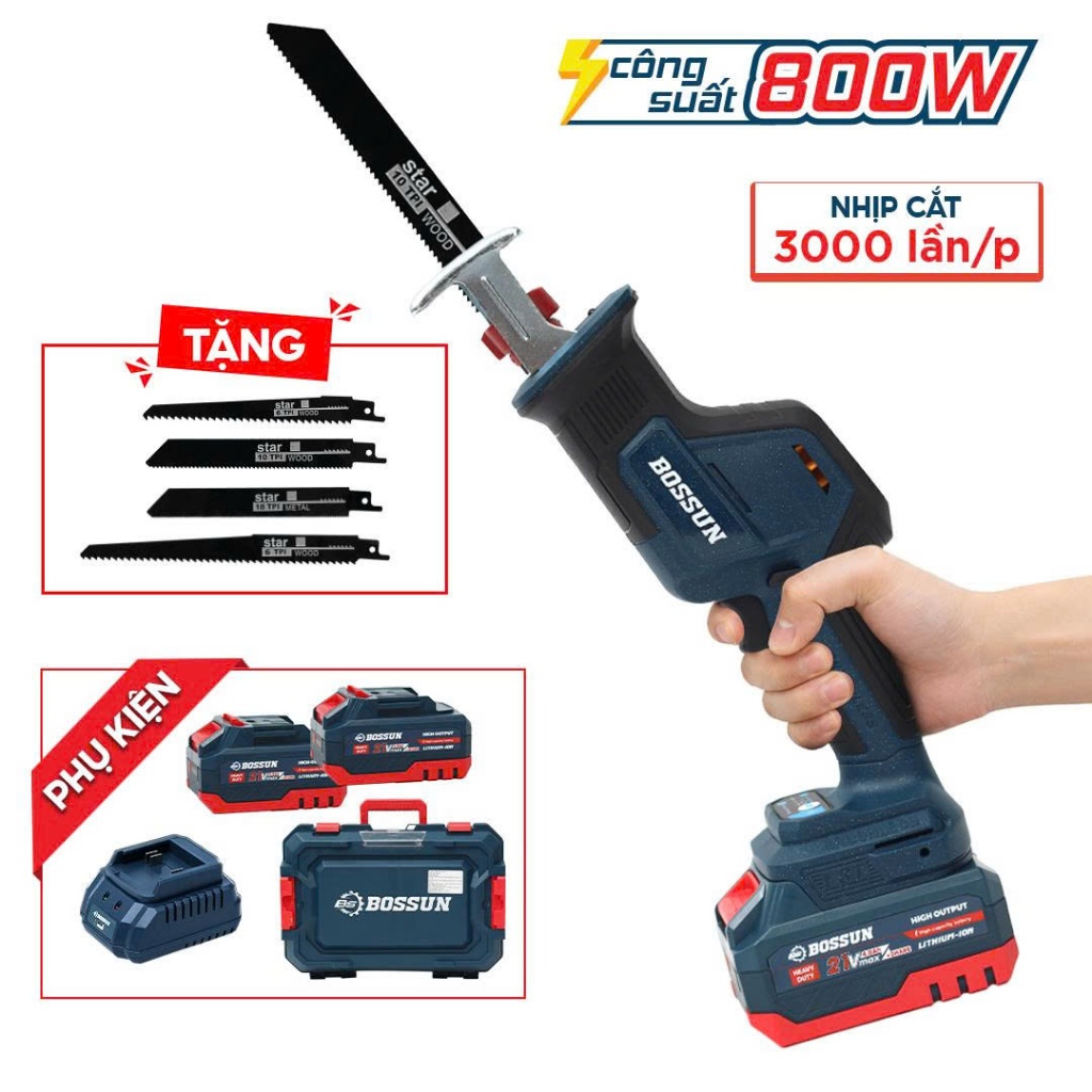 Tặng 4 lưỡi cắt - Máy cưa kiếm dùng Bossun BS-CK25BL 3 cấp chỉnh tốc độ Chân phổ thông 10cell, lưỡi cắt sắc bén