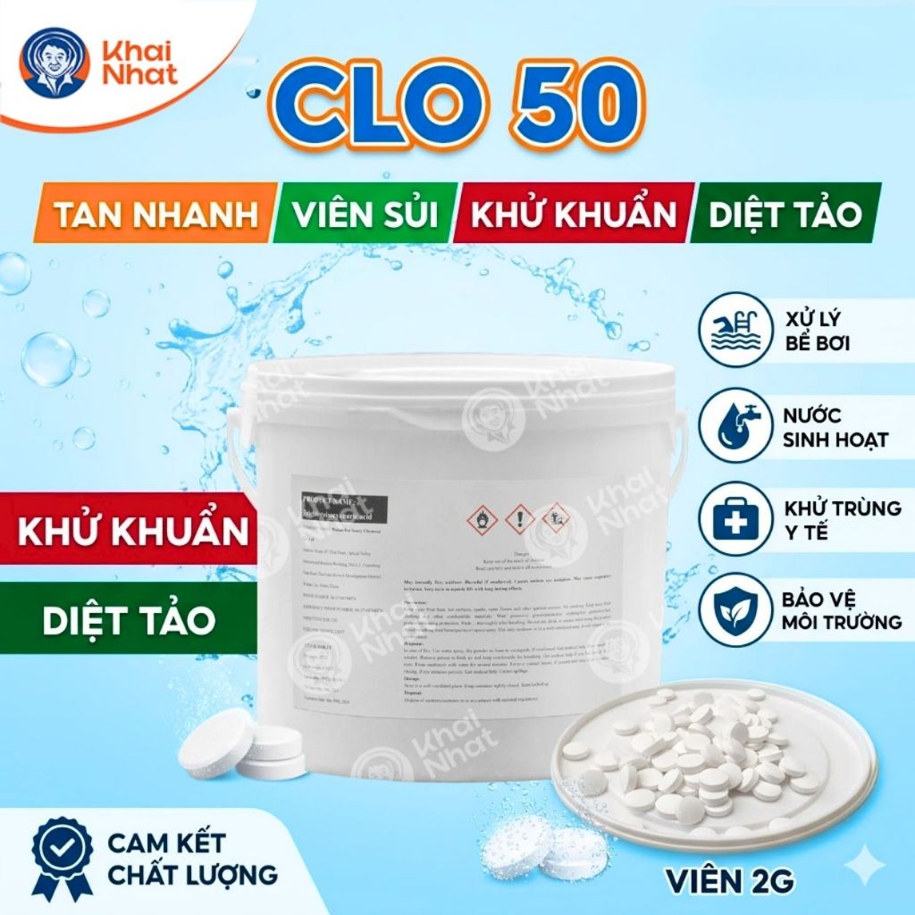 Clo xử lý nước Khai Nhật Xô 5Kg dạng viên sủi 2g xử lý nước, Clo viên,TCCA diệt khuẩn ,clo bể bơi