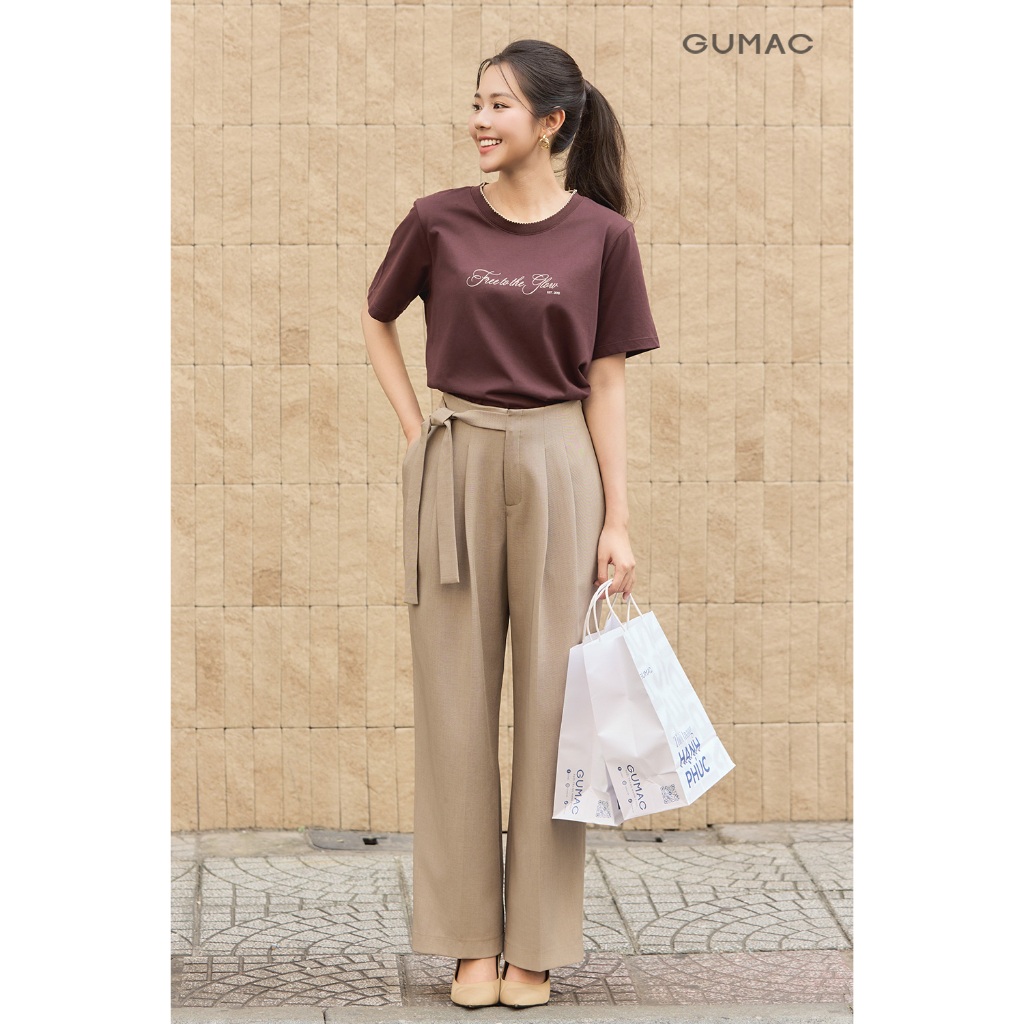 Áo Thun Nữ Tay Ngắn GUMAC Form Rộng Cổ Tròn Phối Viền Cổ In Chữ Chất Cotton 2C Mềm Mát Trẻ Trung ATF12052