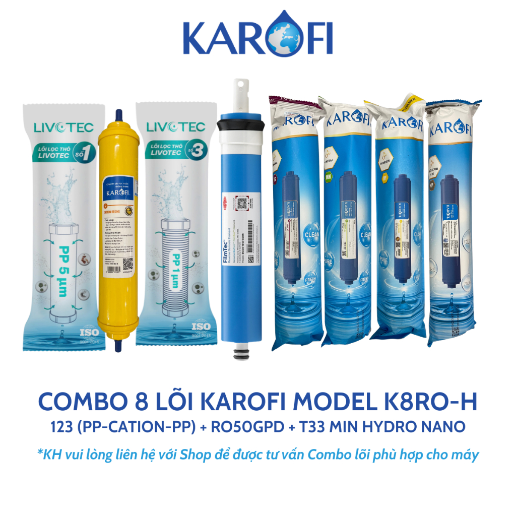 Combo 8 Lõi Lọc Nước Karofi Gồm Lõi 123 (Lõi 2 Cation Nhỏ) - Màng RO Dupont 50GPD - 4 Lõi Chức Năng Model K8RO-H