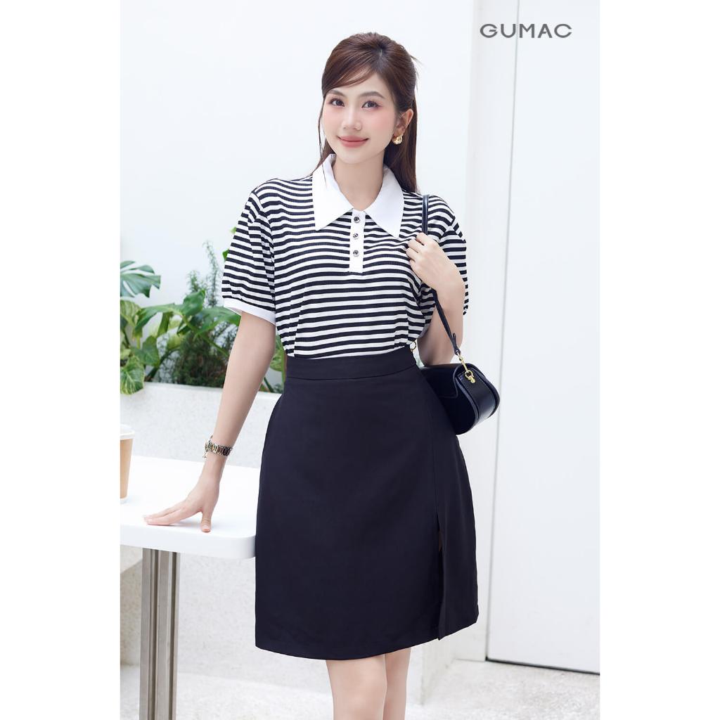 Áo Polo Nữ Dáng Suông GUMAC Cổ Tròn Vải Thun Gân Sọc Phối Cổ Và Nẹp Nút  PLE11036