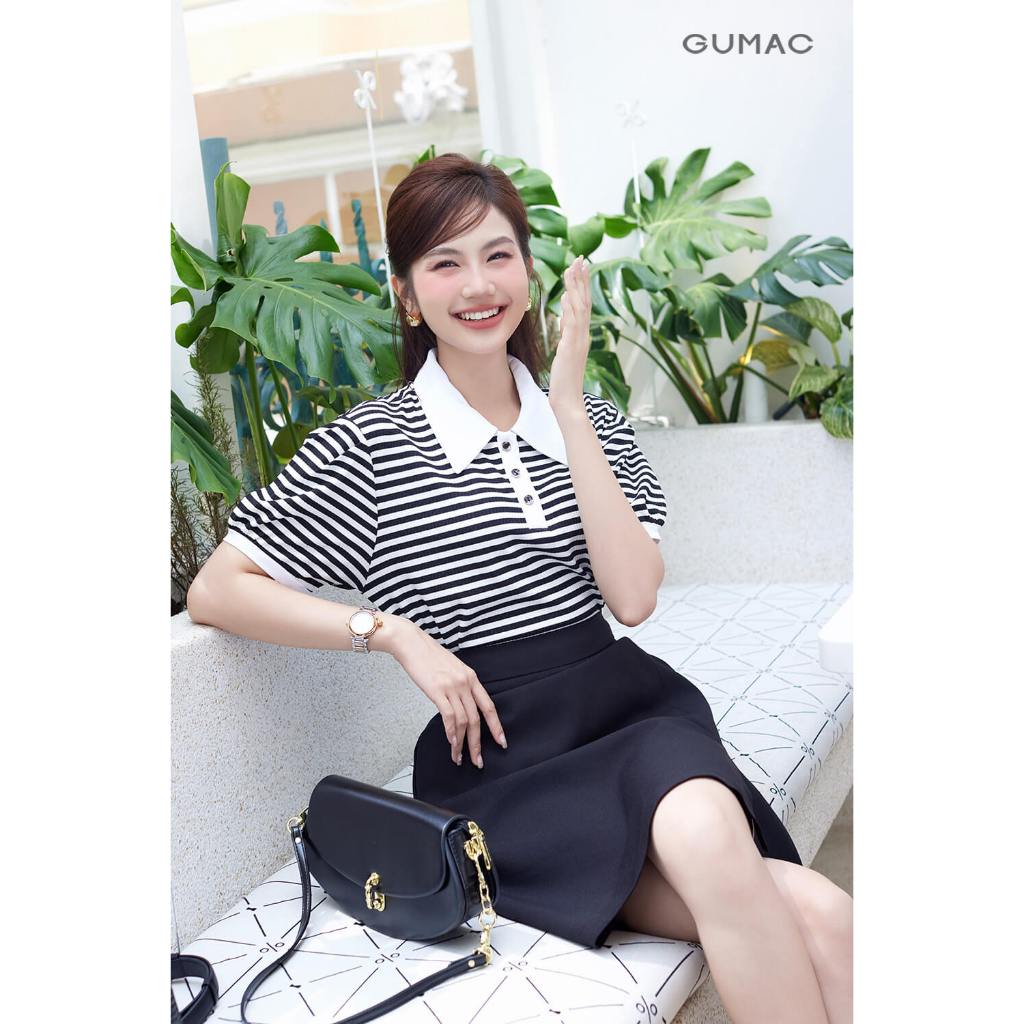 Áo Polo Nữ Dáng Suông GUMAC Cổ Tròn Vải Thun Gân Sọc Phối Cổ Và Nẹp Nút  PLE11036