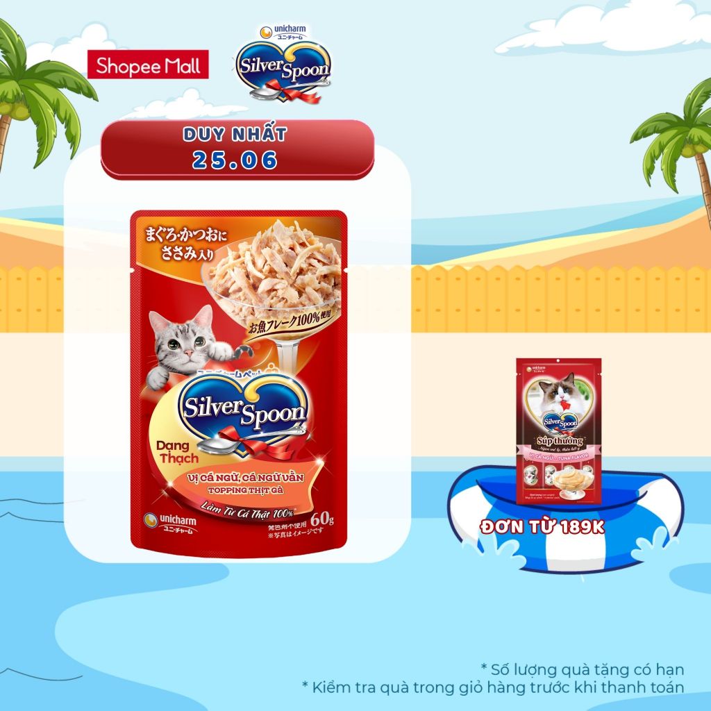 [V] Combo 8 Thức ăn ướt cho mèo Silver Spoon dạng sốt/dạng thạch 60g/gói (nhiều vị)