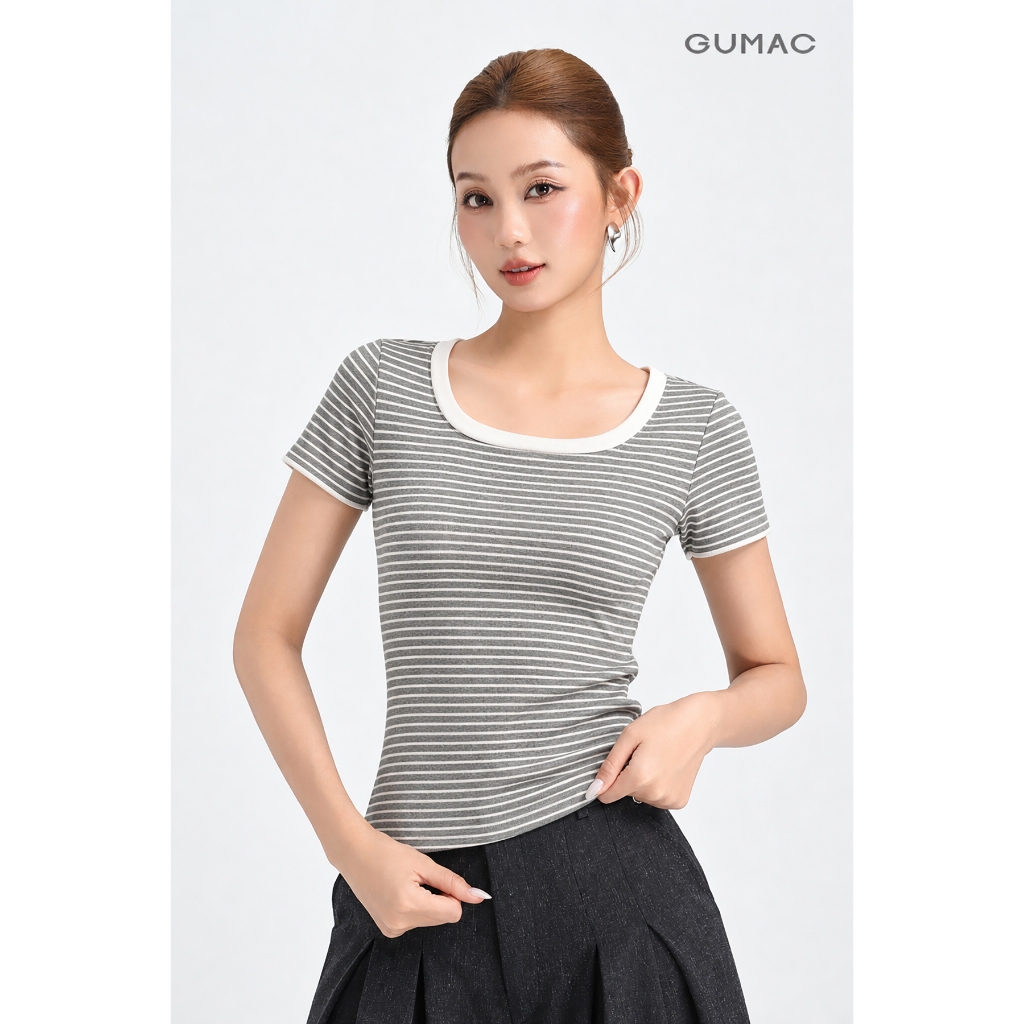 Áo Thun Cổ Vuông Nữ GUMAC Áo Phông Kẻ Sọc Ngang Dáng Ôm Chất Thun Gân Co Giãn LATG0407