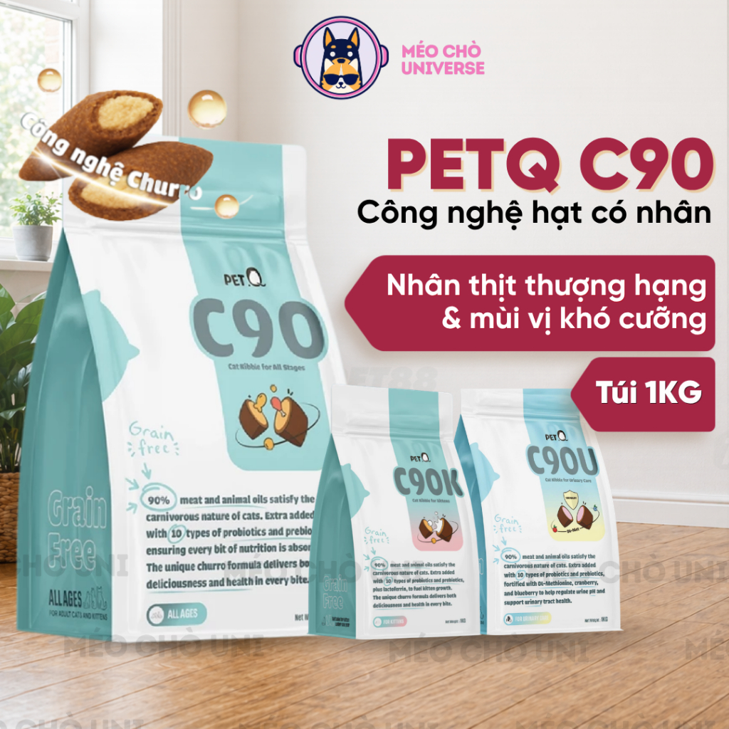 Thức ăn hạt cho mèo PetQ C90/C90U/C90K - 1KG 90% từ thịt, hạt có nhân bên trong - Méo Chò Uni