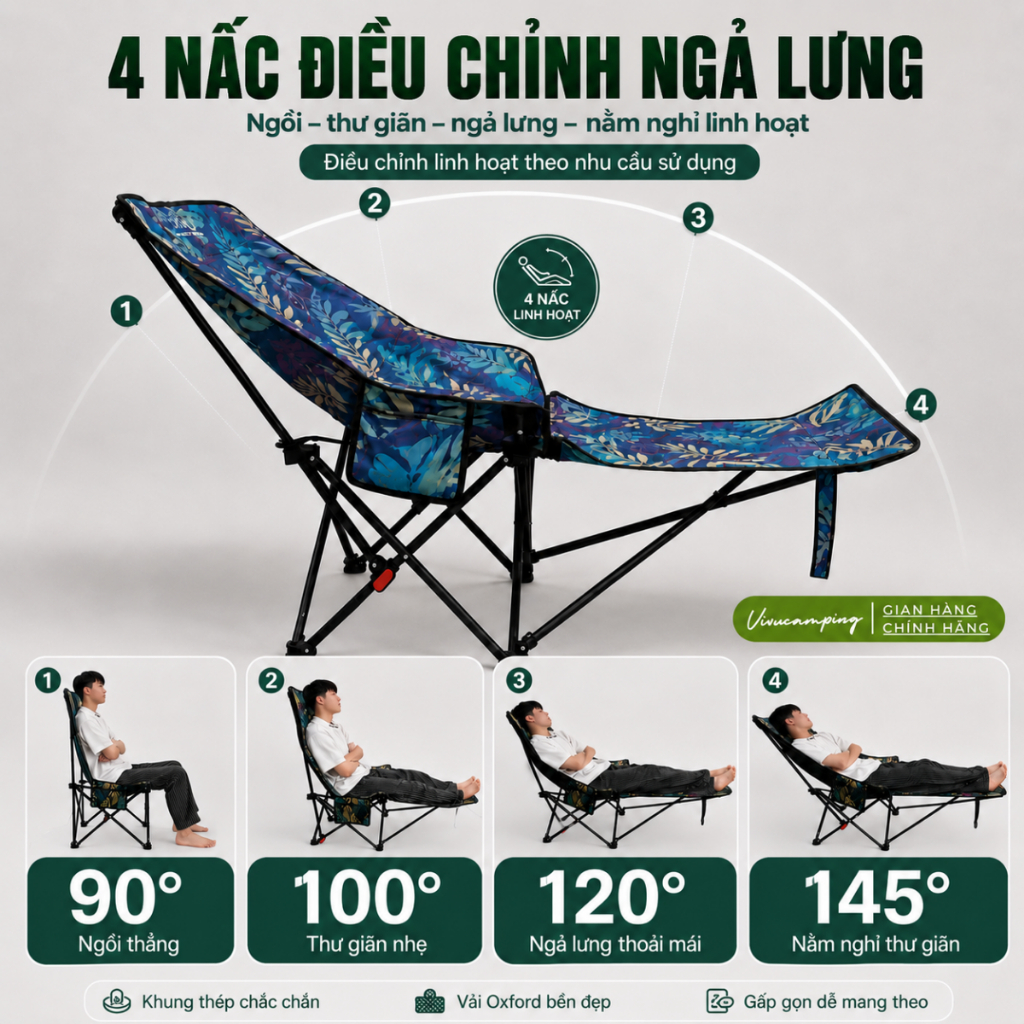 [Top 1 Bán Chạy] Ghế gấp gọn ngả lưng Vivu Outdoor chịu lực tốt, Ghế xếp gọn cắm trại dã ngoại